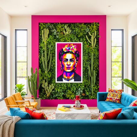Viva la Vida Vibrant room with a Frida Kahlo portrait surrounded by green plants and colourful furniture.