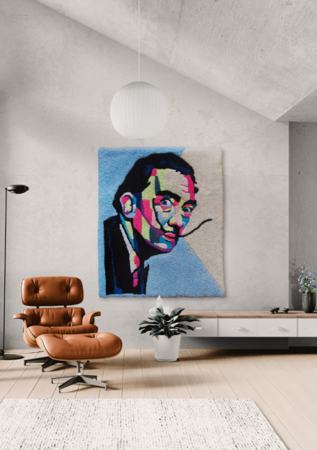 Pop Genius A vibrant portrait of a man with a moustache, displayed above a modern armchair in a stylish room.