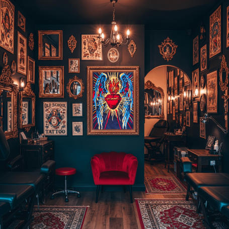 Heartcore Tattoo studio interior featuring dark walls, framed artwork, and a red armchair.