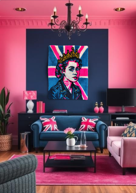 Royal Riot Modern living room featuring pink walls, Union Jack cushions, and a colourful portrait.